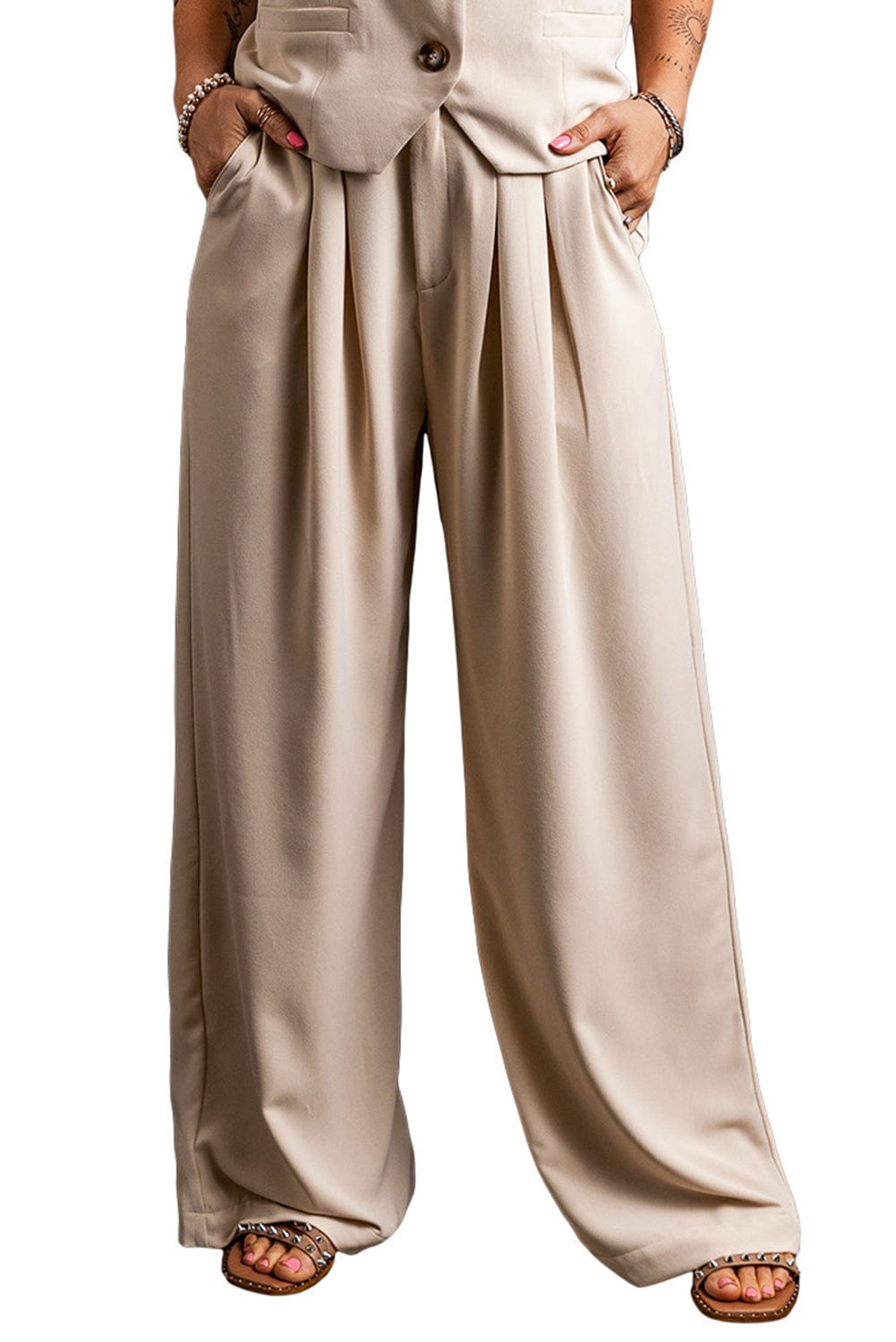 Apricot Wide Leg Pleated Pants with Elastic Waist