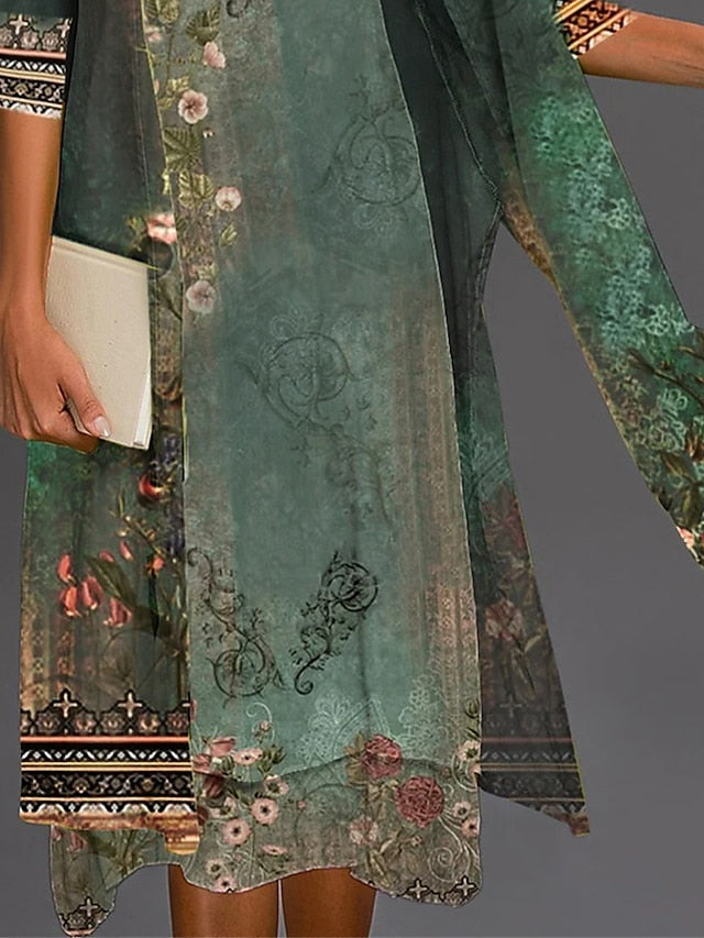 Women's Dress - Two Piece Dress Set Print Dress Outdoor Holiday Streetwear Casual Print Midi Dress Crew Neck 3/4 Length Sleeve Floral Regular Fit Blue Purple Green Summer Spring S M L XL XXL