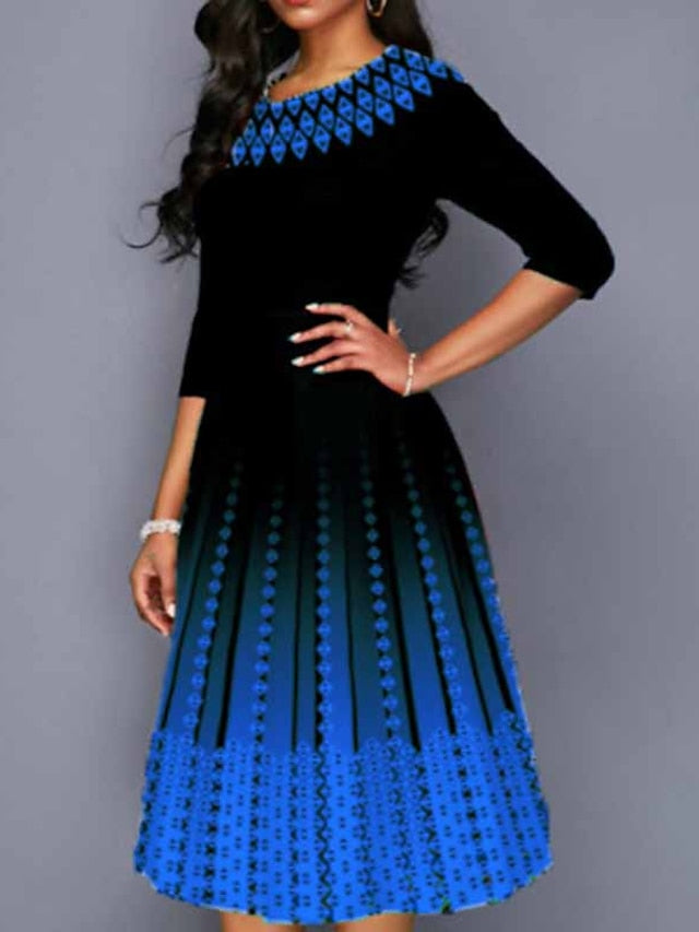 Women's Dress - Work Dress Swing Dress Church Dress Midi Dress Red Royal Blue Blue 3/4 Length Sleeve Print Print Summer Spring Crew Neck Elegant 2023 S M L XL XXL 3XL 4XL 5XL