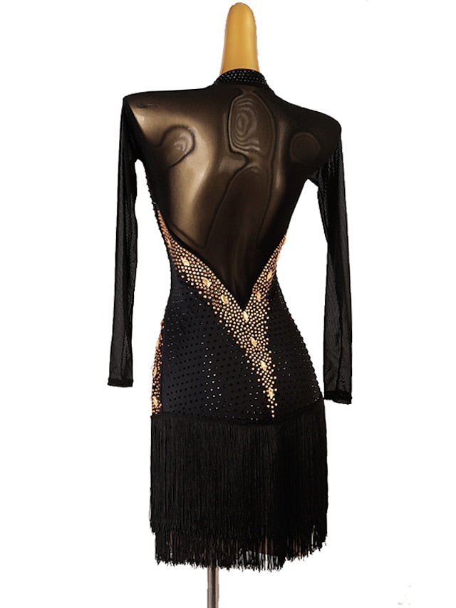 Latin Dance Dress Tassel Crystals / Rhinestones Women's Performance Long Sleeve Chinlon Mesh - LuckyFash™