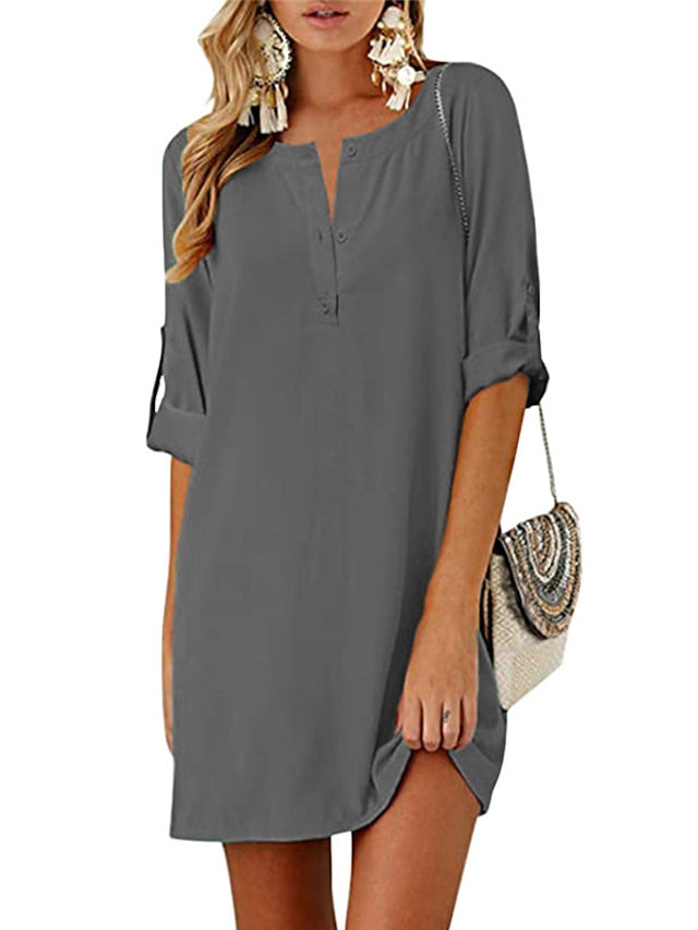 Women's Dress - Cotton Linen Dress T Shirt Dress Tee Dress Shift Dress Mini Dress Linen Cotton Blend Stylish Basic Outdoor Daily Holiday Split Neck Ruched Half Sleeve Summer Spring 2023 Regular Fit Black