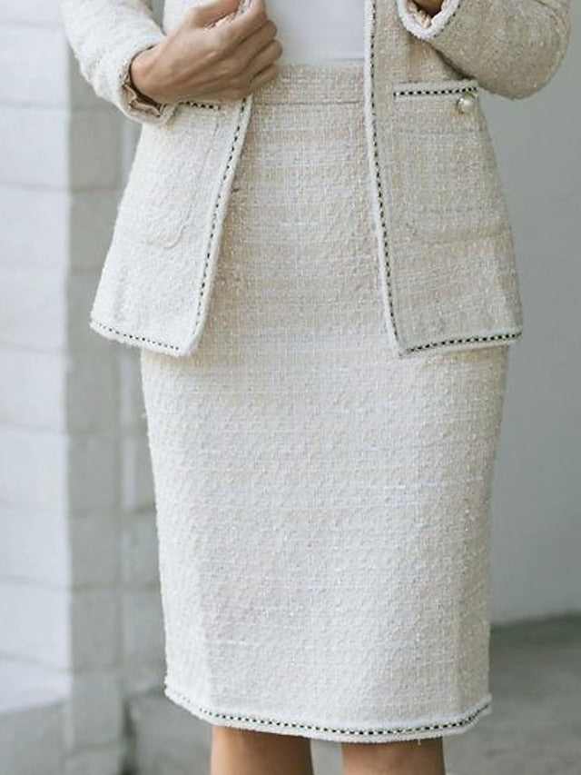 Women's Dress - Dress Set Two Piece Dress Sheath Dress Midi Dress White Long Sleeve Pure Color Button Spring Fall Crew Neck Stylish Office Wedding Guest 2023 S M L XL XXL 3XL
