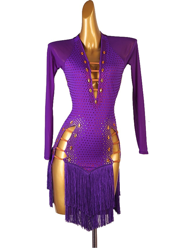 Latin Dance Dress Tassel Crystals / Rhinestones Women's Performance Long Sleeve Chinlon Mesh - LuckyFash™
