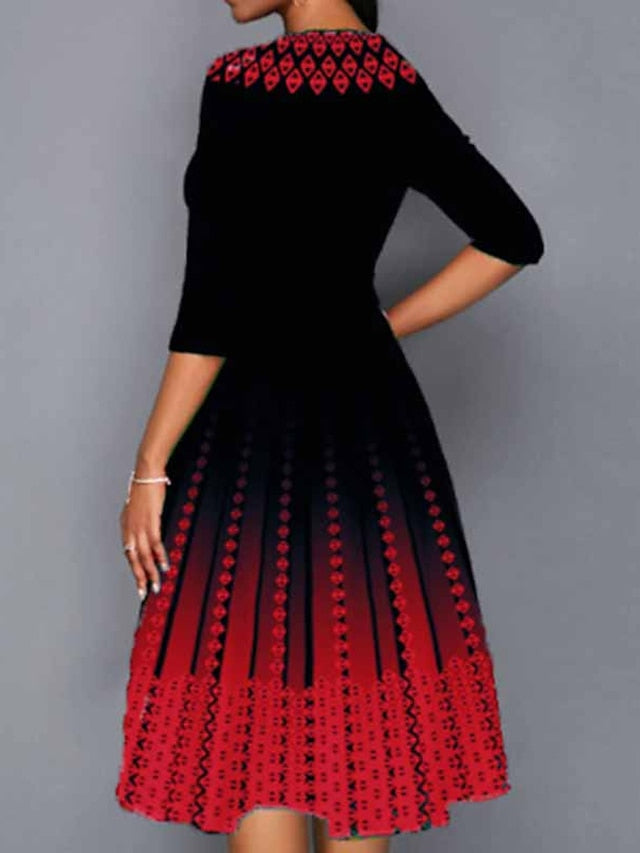 Women's Dress - Work Dress Swing Dress Church Dress Midi Dress Red Royal Blue Blue 3/4 Length Sleeve Print Print Summer Spring Crew Neck Elegant 2023 S M L XL XXL 3XL 4XL 5XL