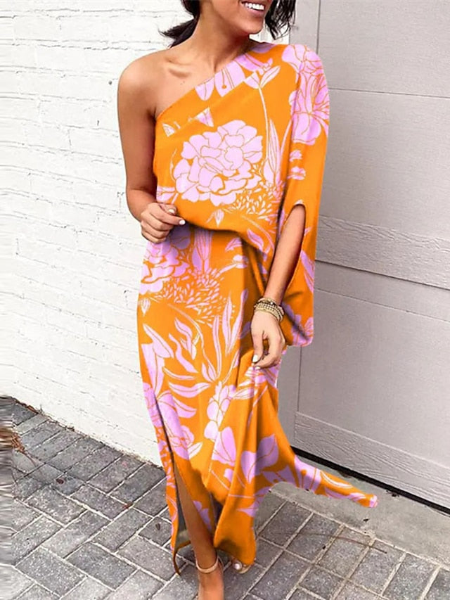 Women's Dress - Swing Dress Boho Dress Long Dress Maxi Dress Black Blue Purple Long Sleeve Floral Split Summer Spring One Shoulder Boho Winter Dress Fall Dress 2023 S M L XL XXL 3XL