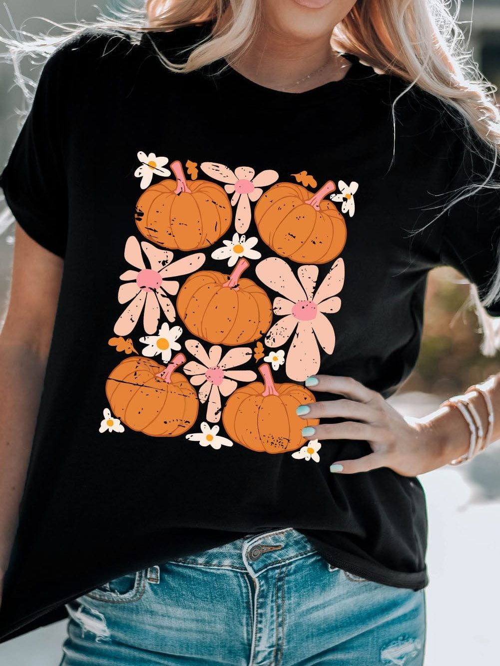Autumn Bloom Black Pumpkin Graphic Tee