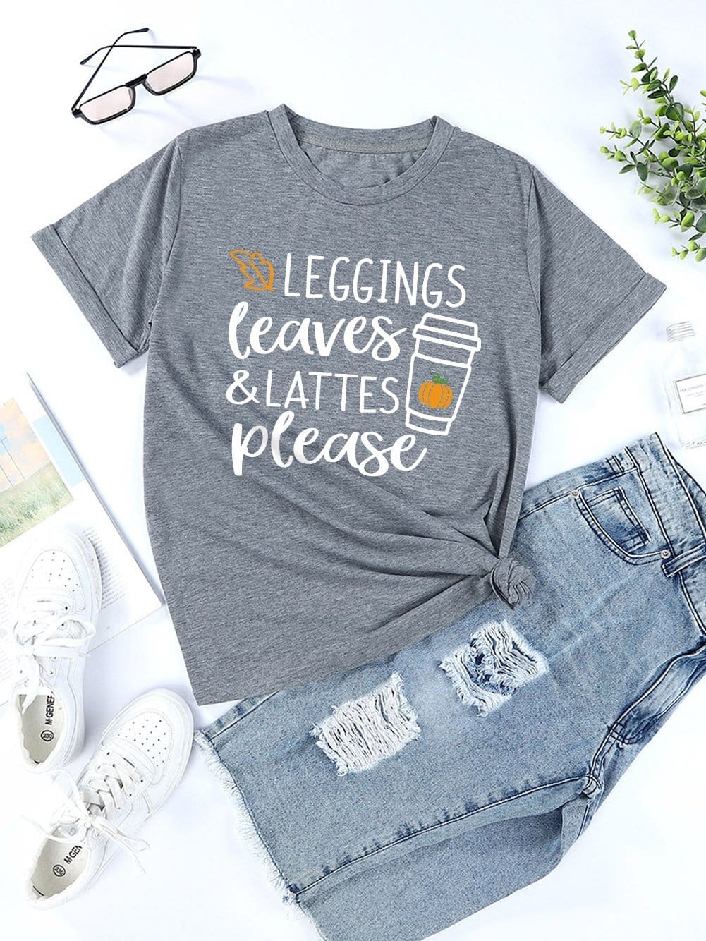 Autumn Vibes Roll-Up Sleeve Graphic Tee - Gray