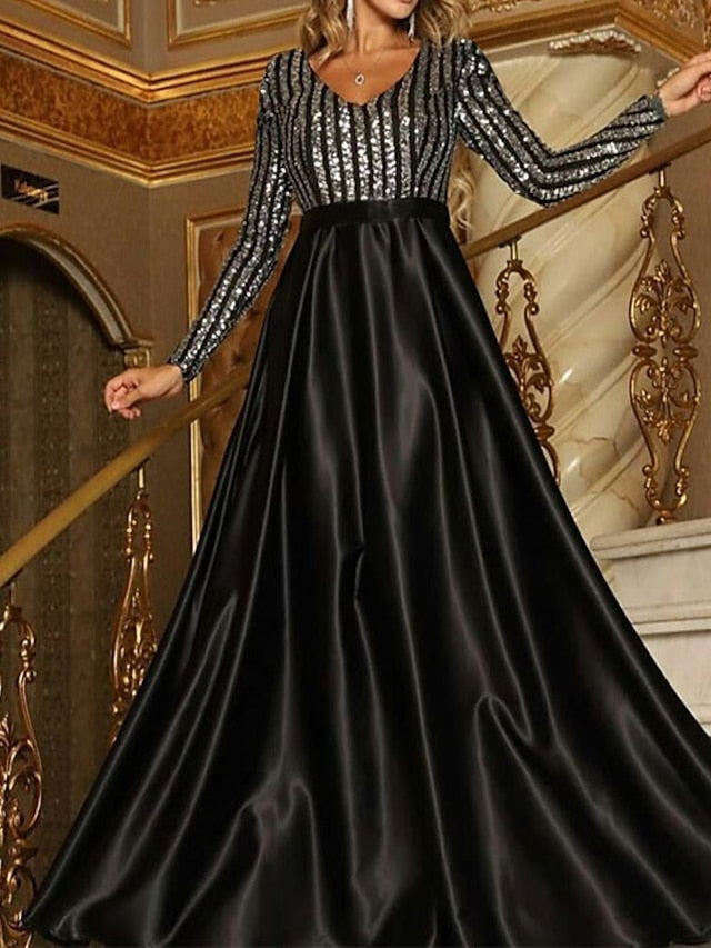 Women's Dress - Formal Party Dress Satin Dress Maxi Dress Green Khaki Silver Beige Black Long Sleeve Pure Color Sequins Winter V Neck Stylish Elegant Wedding Guest Fall Dress 2023 M L XL XXL 3XL 4XL