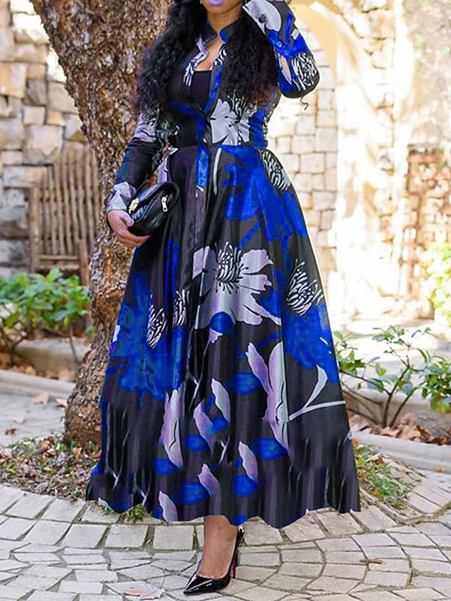 Women's Dress - Shirt Dress Work Dress A Line Dress Long Dress Maxi Dress Red Blue Fuchsia Long Sleeve Floral Print Spring Shirt Collar Elegant Summer Dress Spring Dress 2022 M L XL XXL