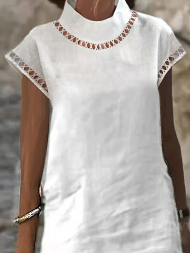 Women's Dress - Casual Dress Cotton Linen Dress Shift Dress Midi Dress Cotton Blend Fashion Basic Outdoor Daily Vacation Stand Collar Hollow Out Eyelet Short Sleeve Summer Spring 2023 Loose Fit White Blue