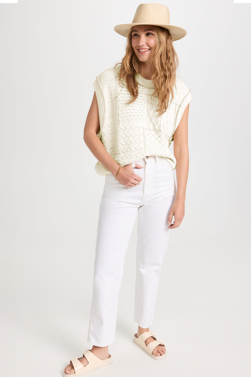 White Cable Knit Dolman Armholes Sweater Tank