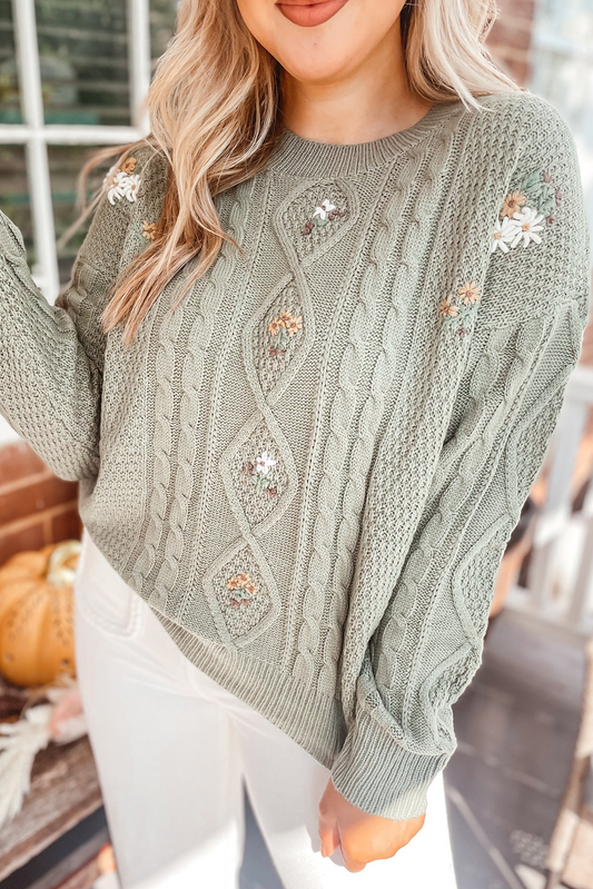 Laurel Green Embroidered Flower Detail Cable Knit Drop Shoulder Sweater