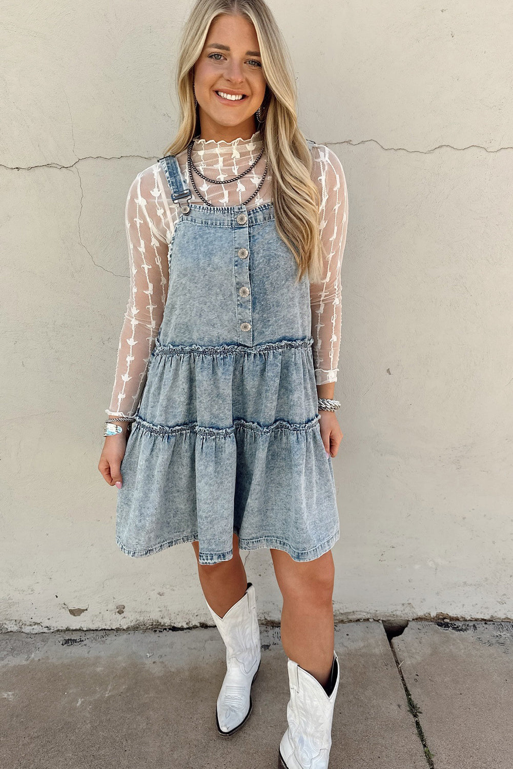 Dusk Blue Light Wash Tiered Flowy Overall Denim Dress