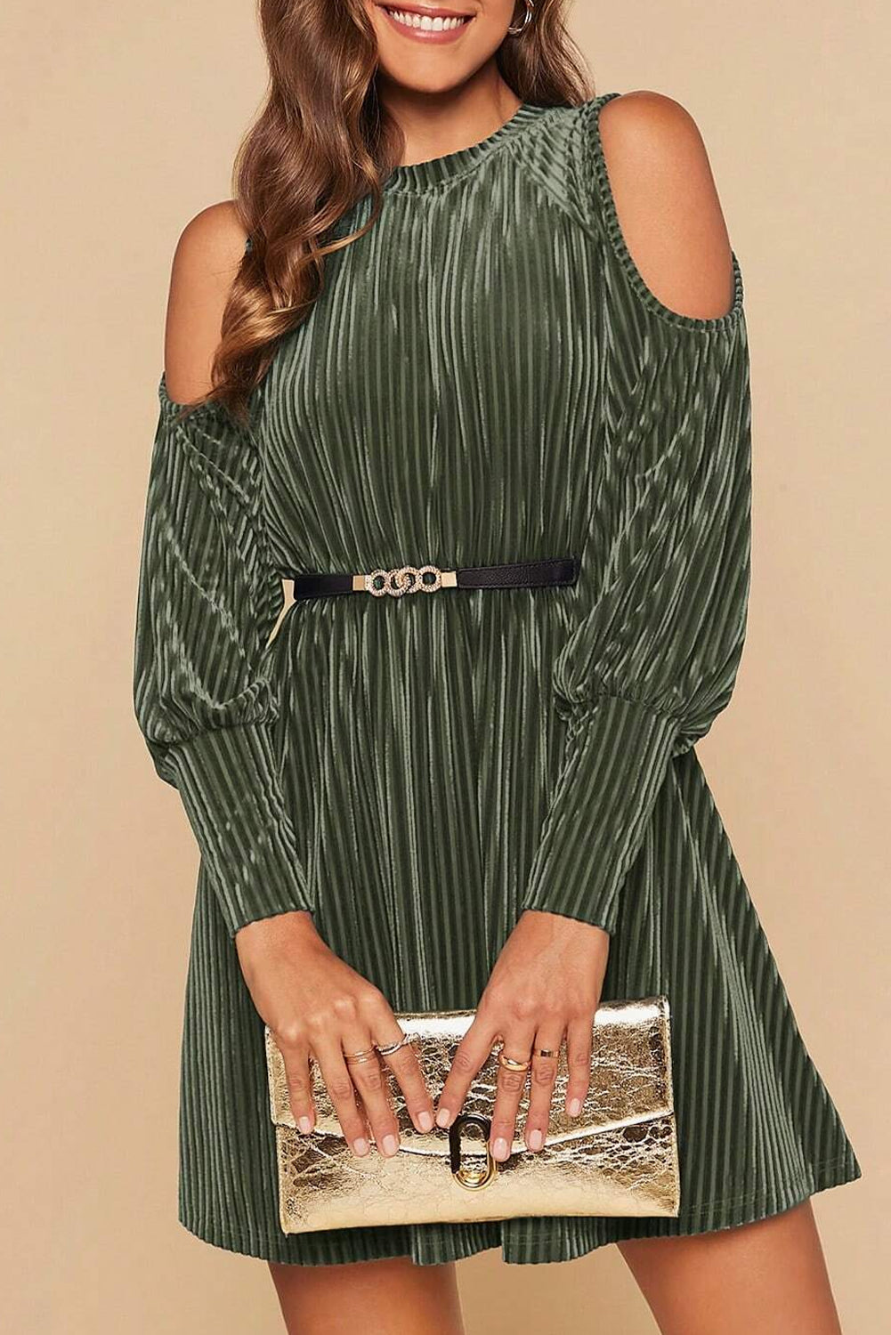 Mist Green Velvet Textured Cold Shoulder Bishop Sleeve Flared Mini Dress