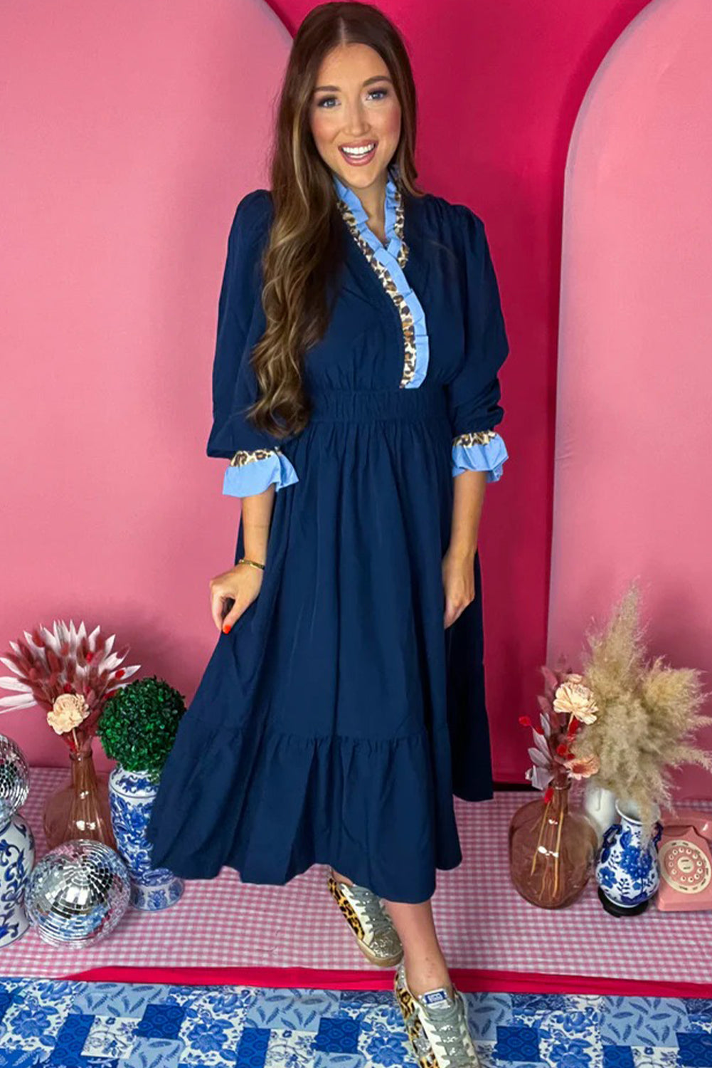 Navy Blue Contrast Frilled Trim V Neck 3/4 Ruffled Sleeve Flowy Midi Dress