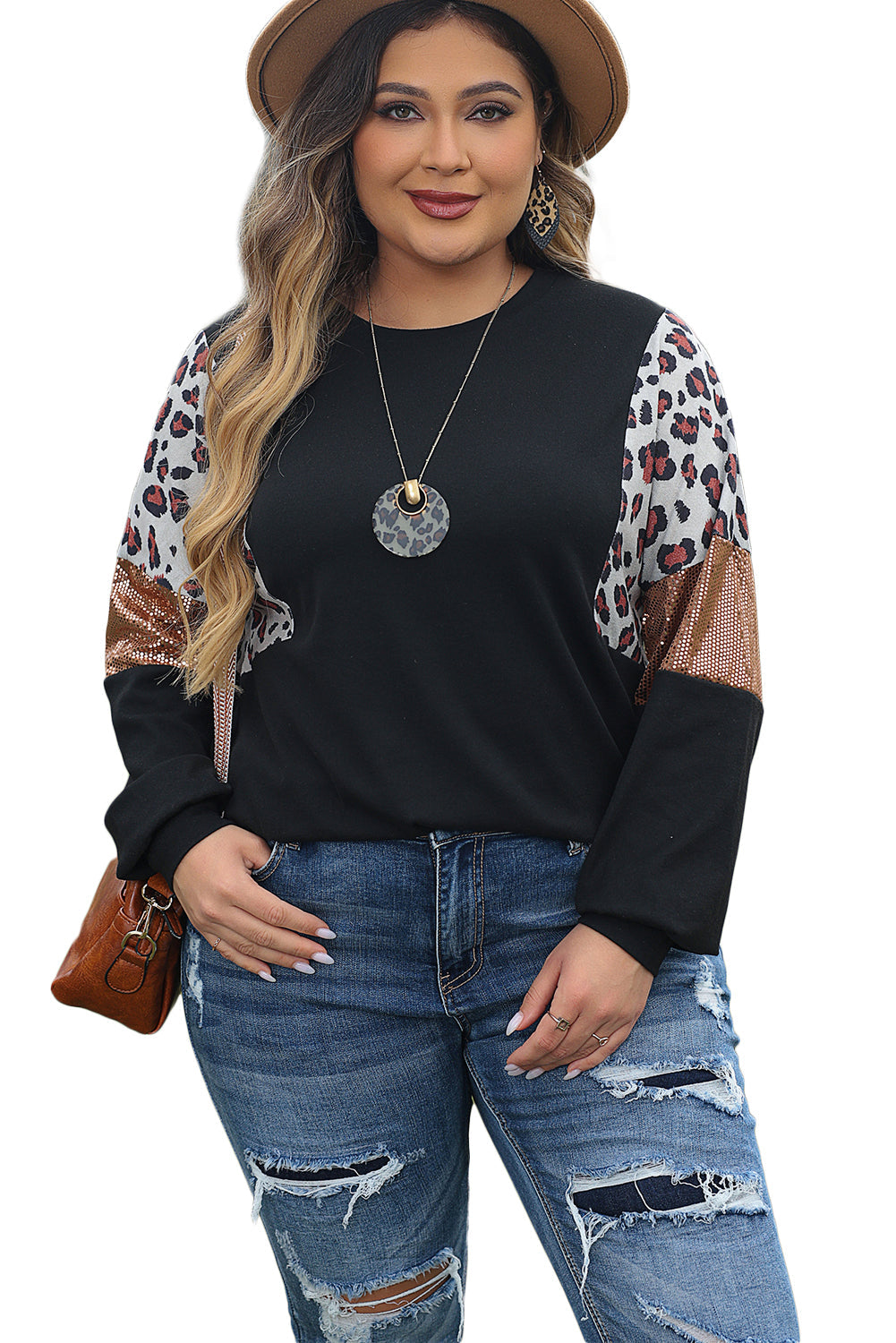 Leopard Print Sequin Embellished Plus Size Top with Long Sleeves