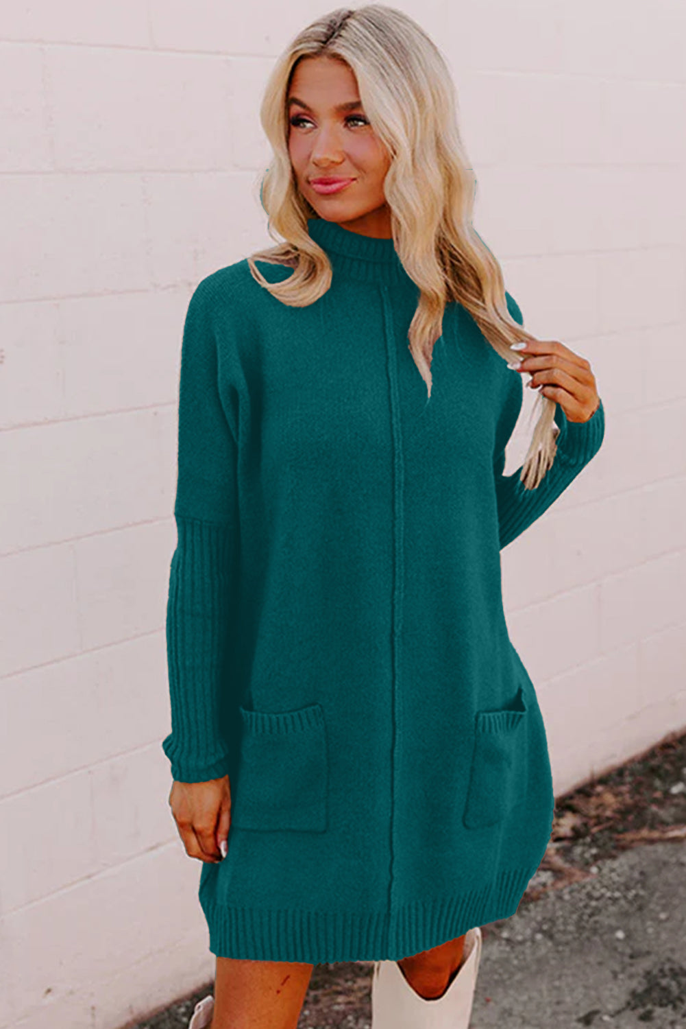 Skobeloff Ribbed High Neck Front Pockets Center Seam Shift Sweater Dress