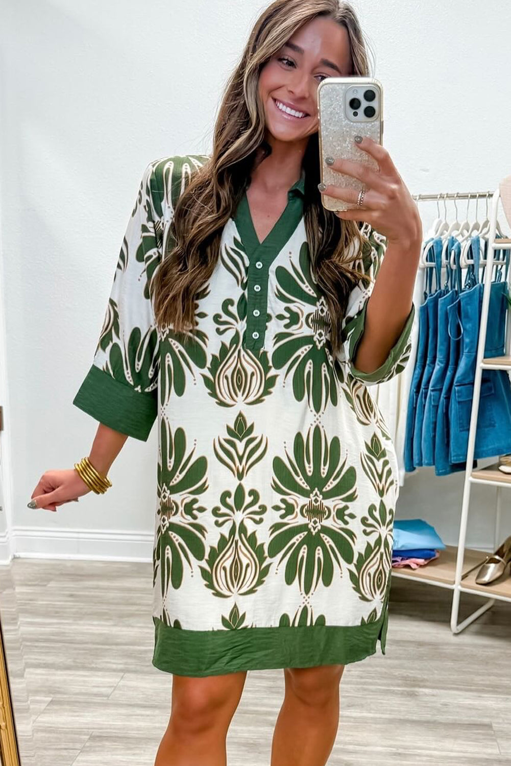 Green Vacation Floral Print Color Block Trim Shirt Collar 3/4 Sleeve Shift Mini Dress