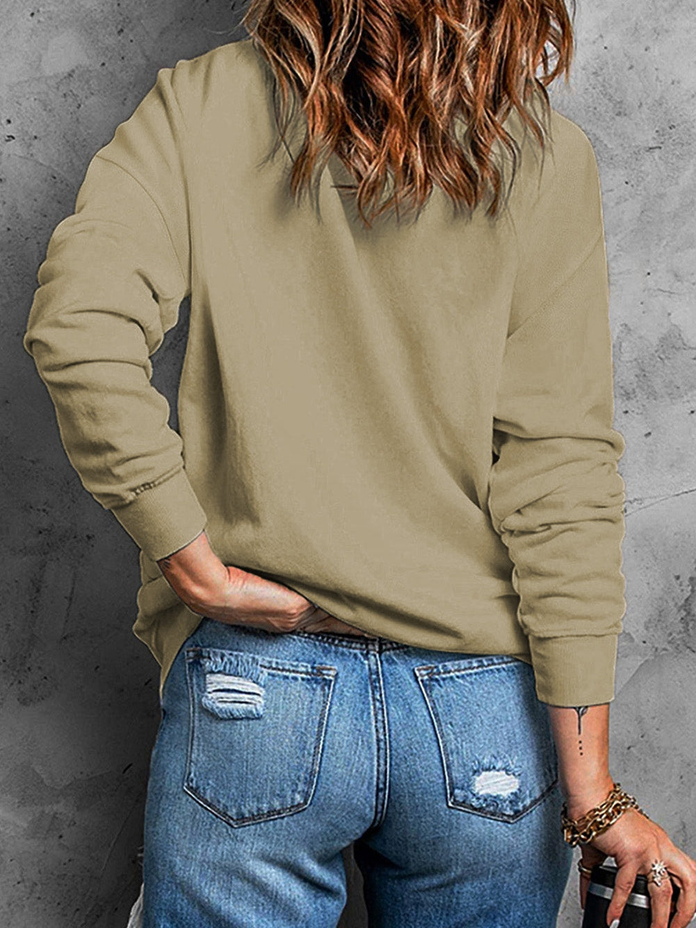 Khaki Solid Crew Neck Pullover Jumper