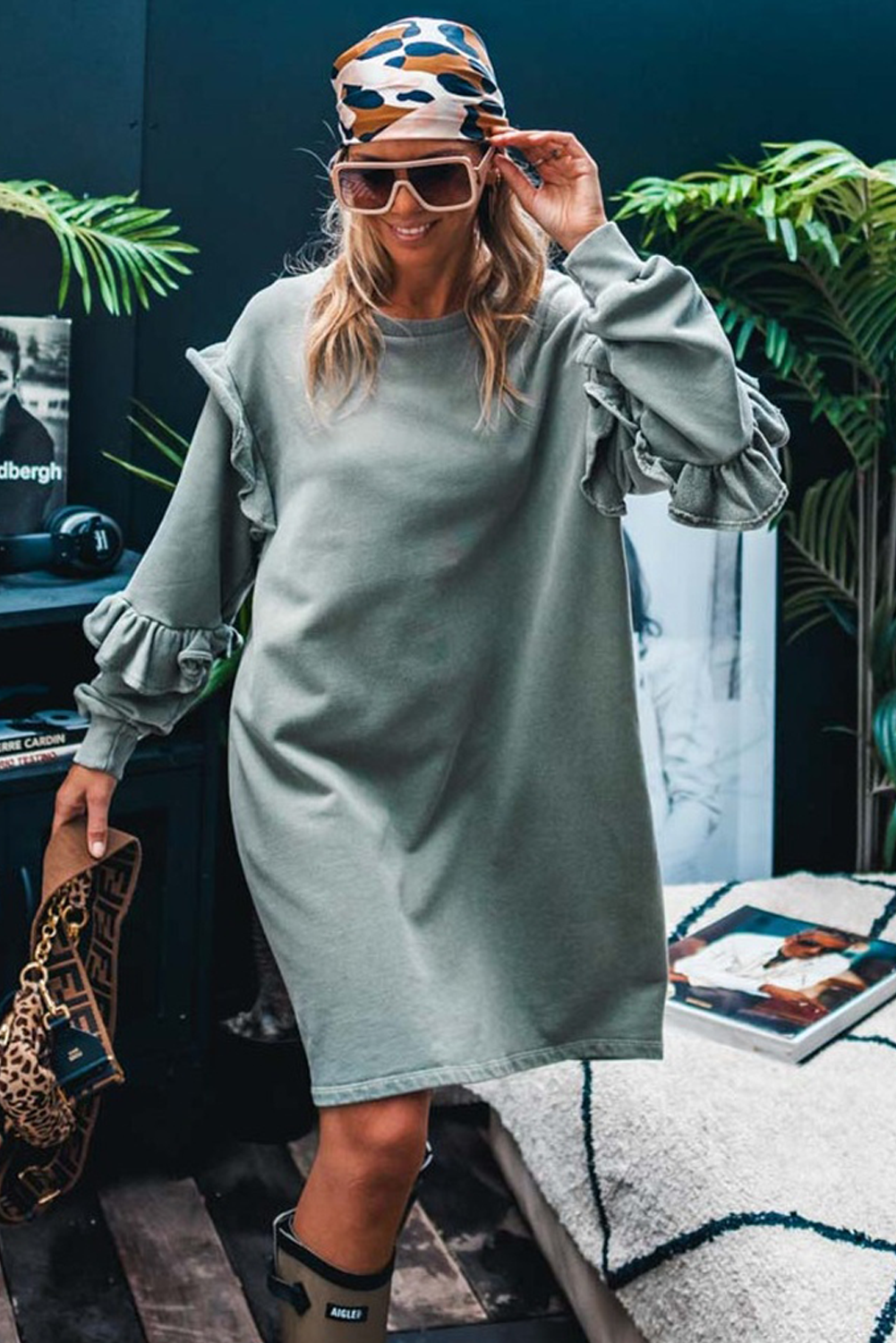 Haze Blue Ruffled Shift Knit Long Sleeve Mini Dress