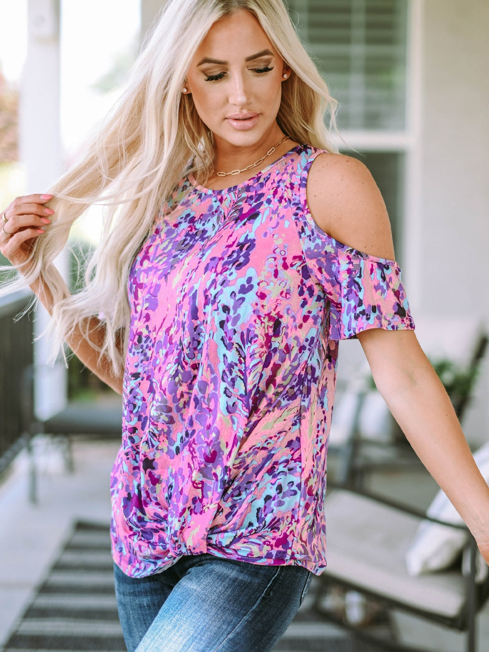 Lavender Blossom Cold Shoulder Floral Blouse