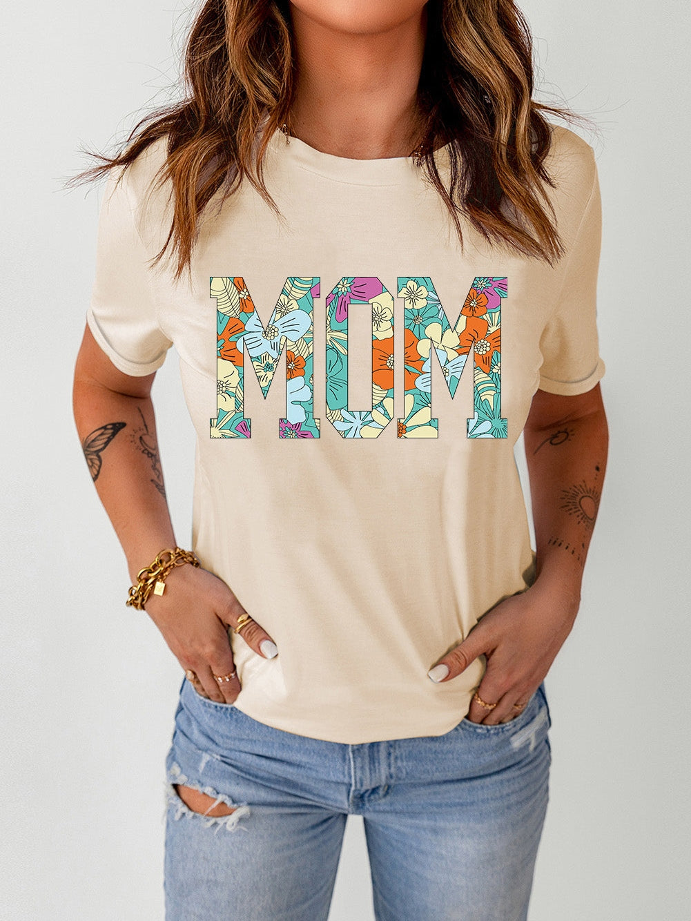Khaki Floral "MOM" Print Crew Neck T-Shirt
