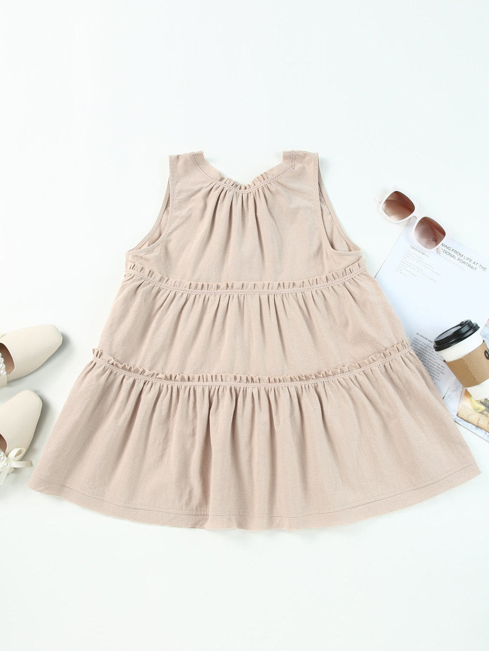 Khaki V-Neck Ruffle Tier Tank Top