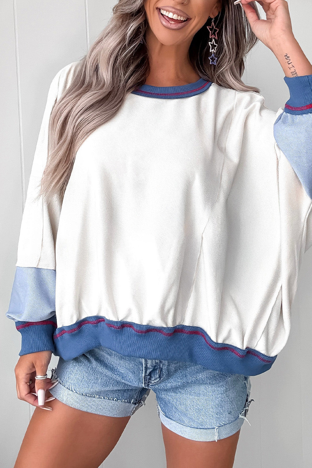 Beige Colorblock Contrast Trim Oversize Sweatshirt
