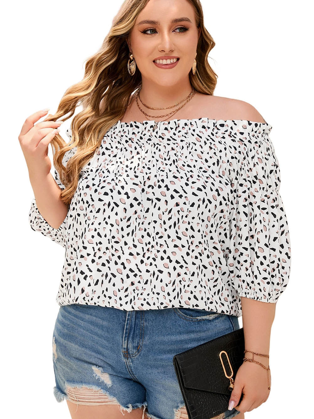 Leopard Print Off Shoulder Plus Size Blouse