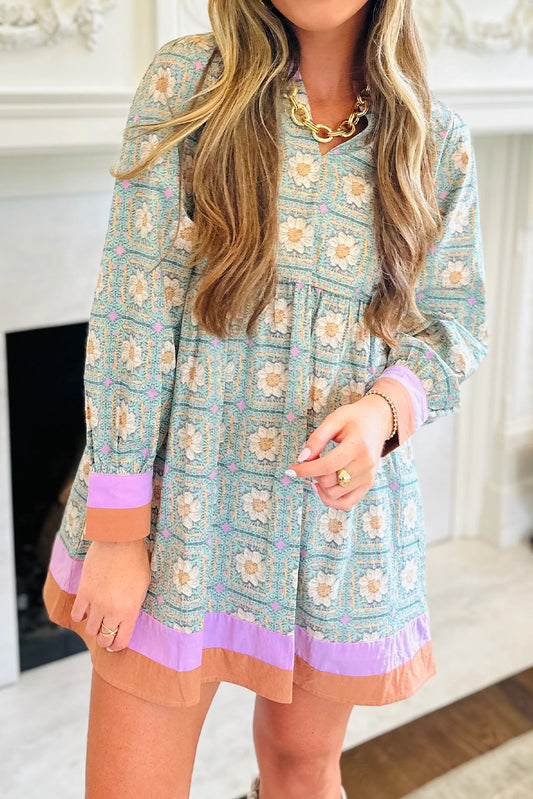 Green Geometric Floral Print Contrasted Striped Trim Long Sleeve Mini Dress