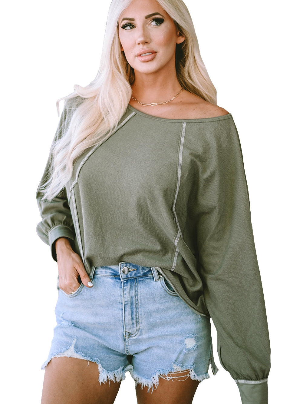 Green Exposed Stitch Detail Dolman Sleeve Patchwork Blouse