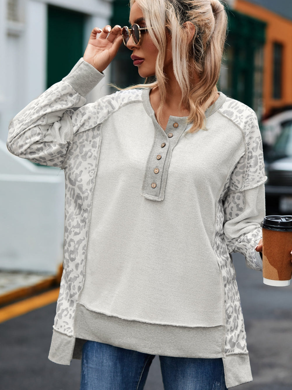 Leopard Patchwork Gray Buttoned Neck Pullover Sweatshirt