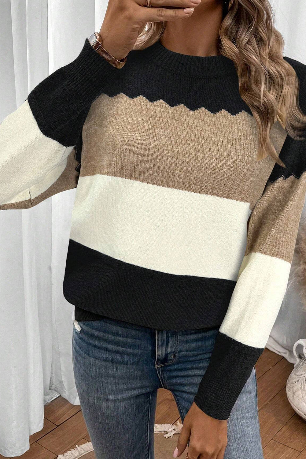 Black Colorblock Crew Neck Drop Shoulder Sweater