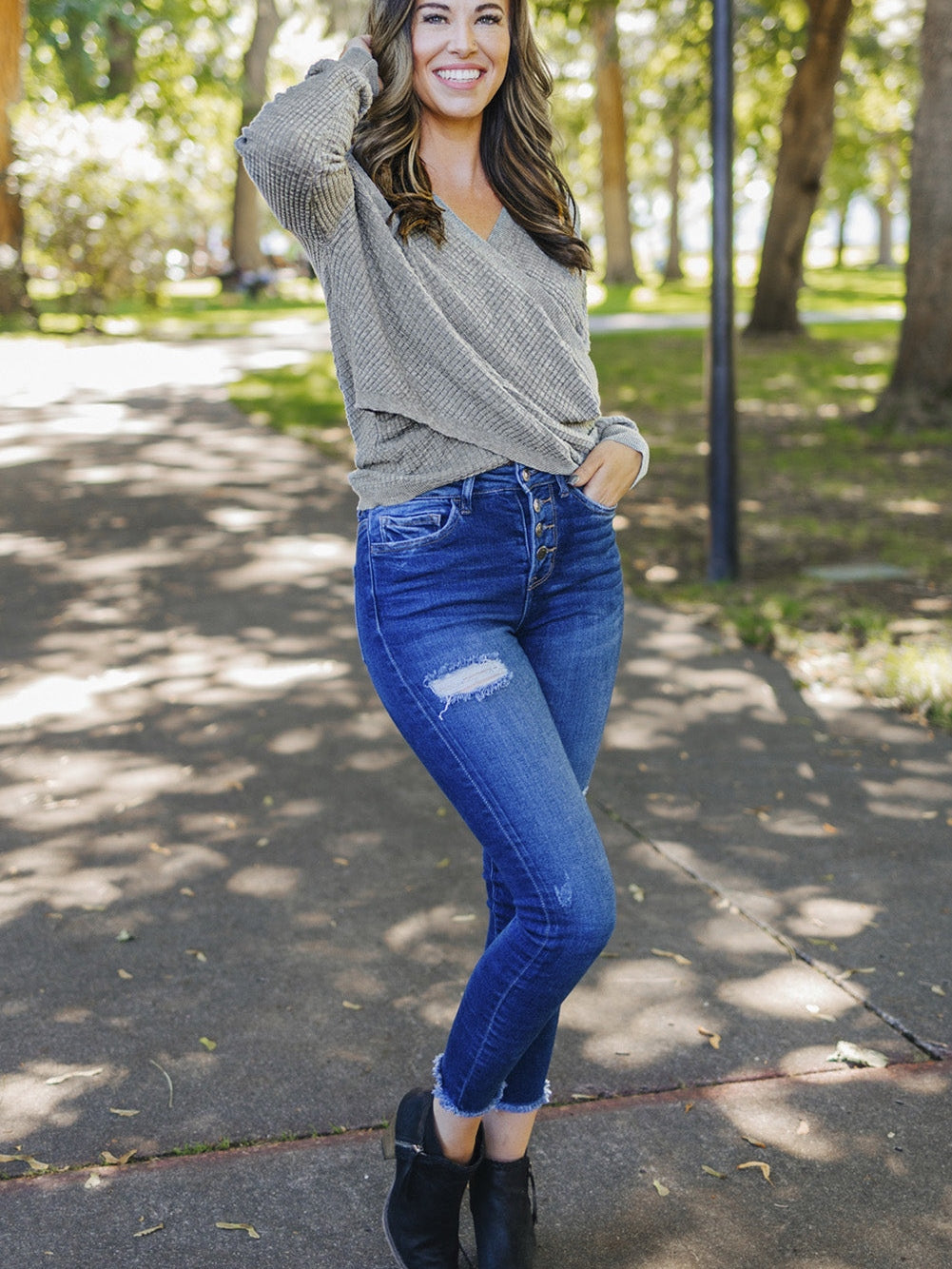 Khaki Reversible V-Neck Waffle Knit Sweater