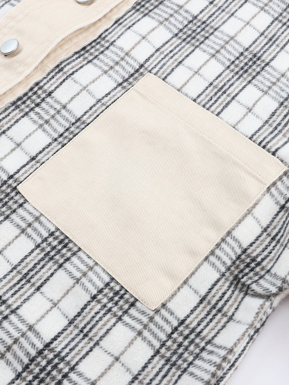 Khaki Plaid Patchwork Denim Shacket - Distressed Edges