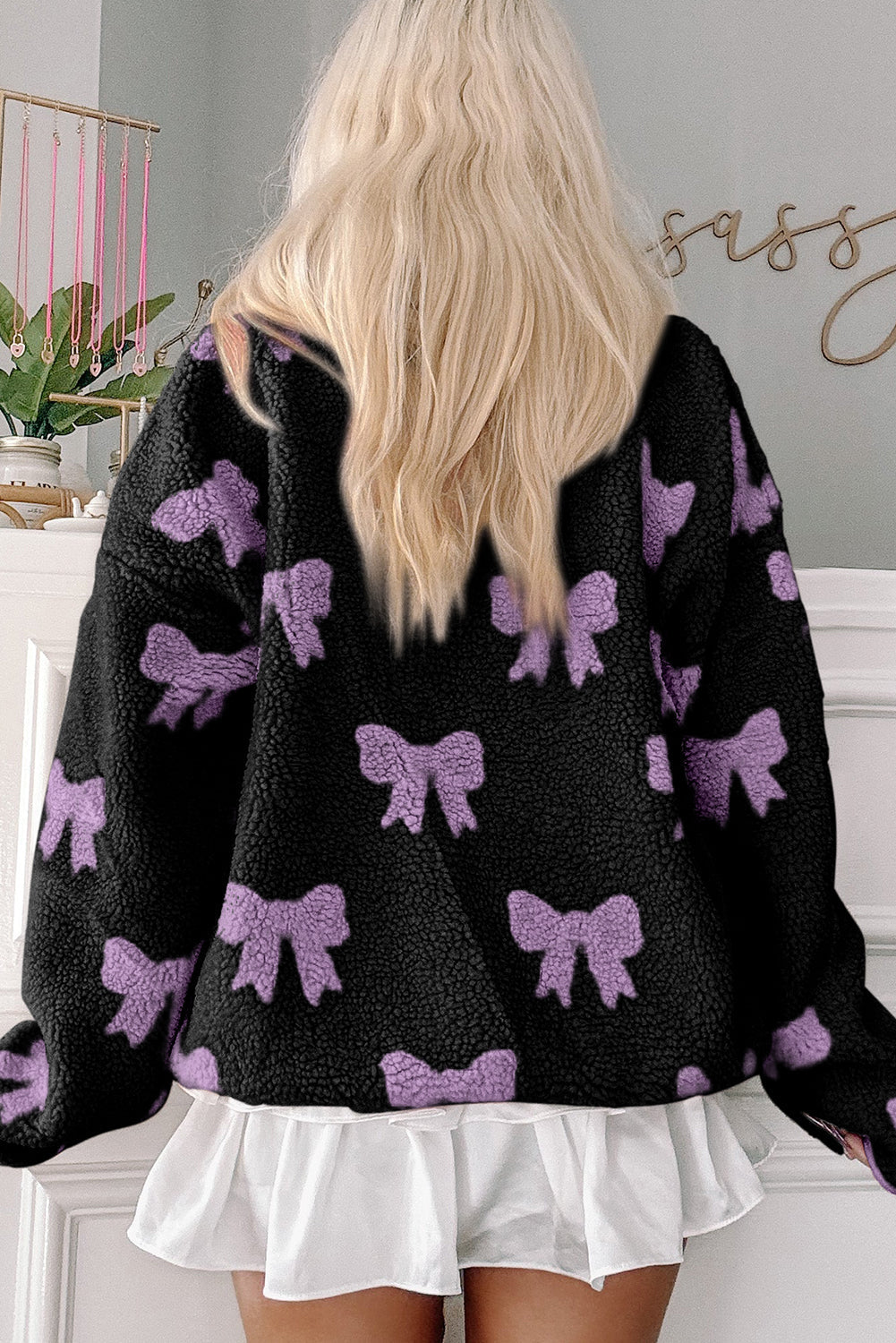 Black Bow Sherpa Quarter Zip Drop Shoulder Baggy Sweatshirt