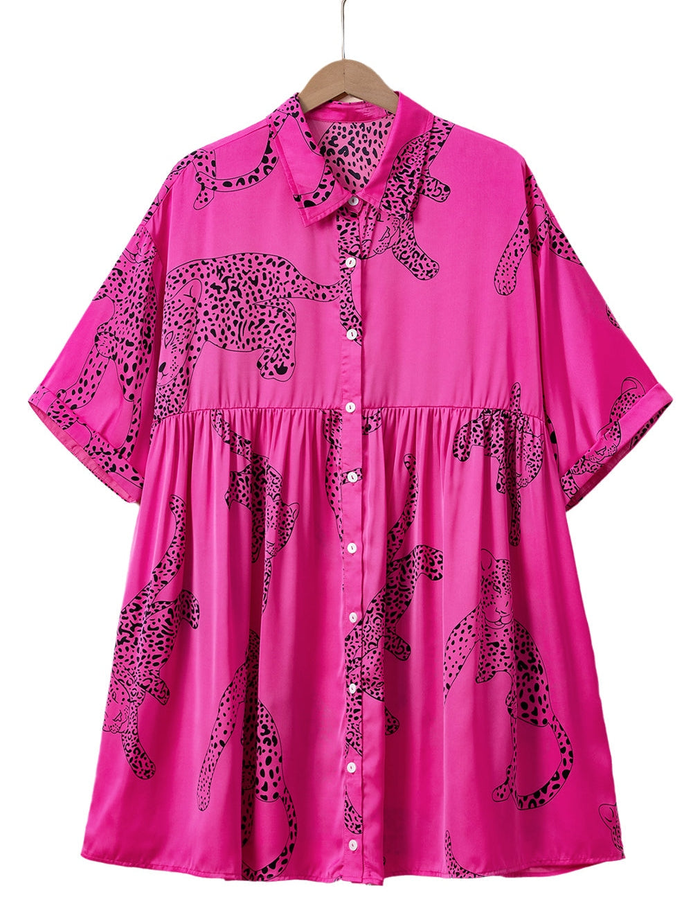Rose Cheetah Print Half Sleeve Buttoned Plus Size Mini Dress