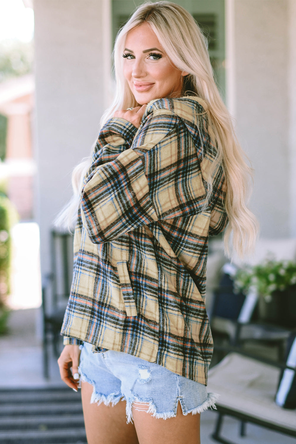 Khaki Plaid Hooded Pullover with Button Detail and Kangaroo Pocket
