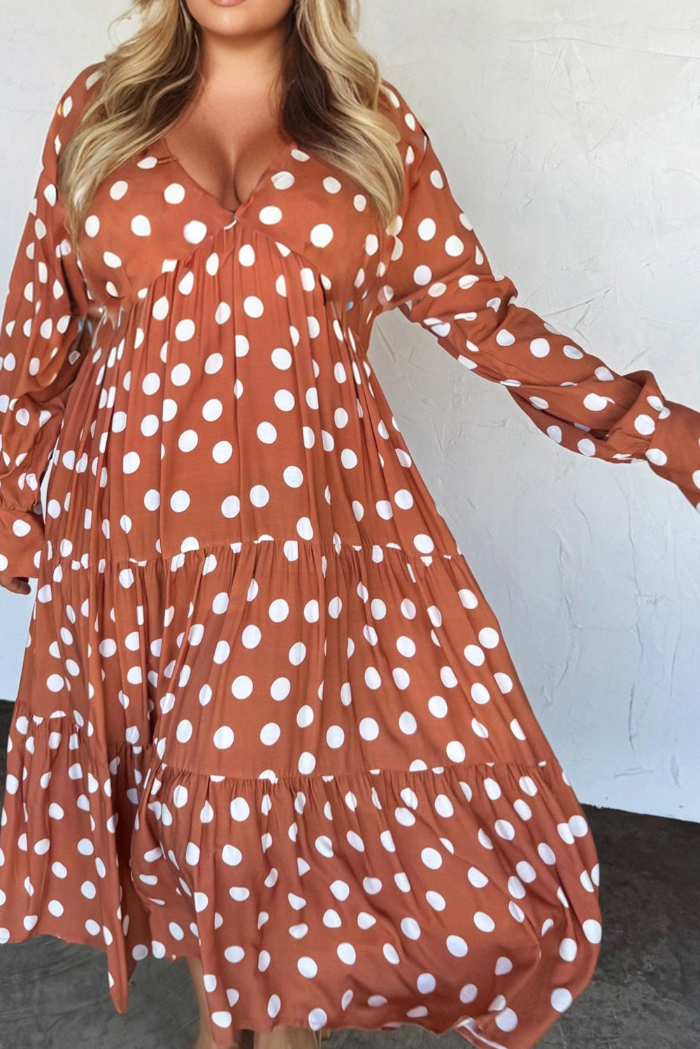 Orange Plus Size Polka Dot Tiered V Neck Long Dress