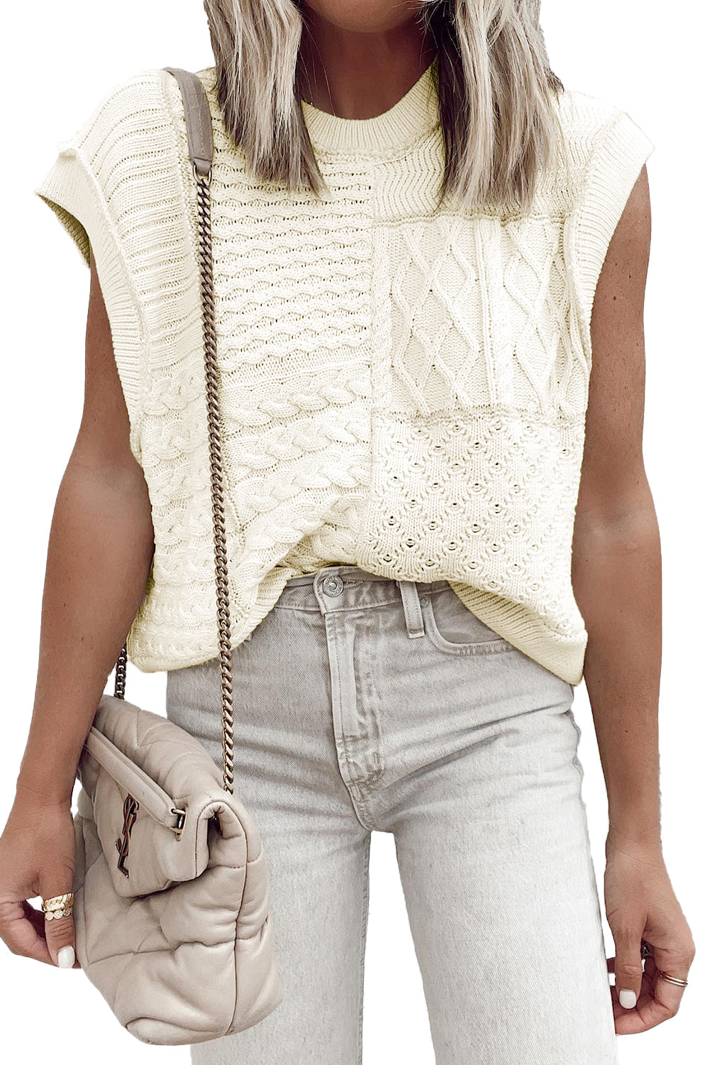 White Cable Knit Dolman Armholes Sweater Tank