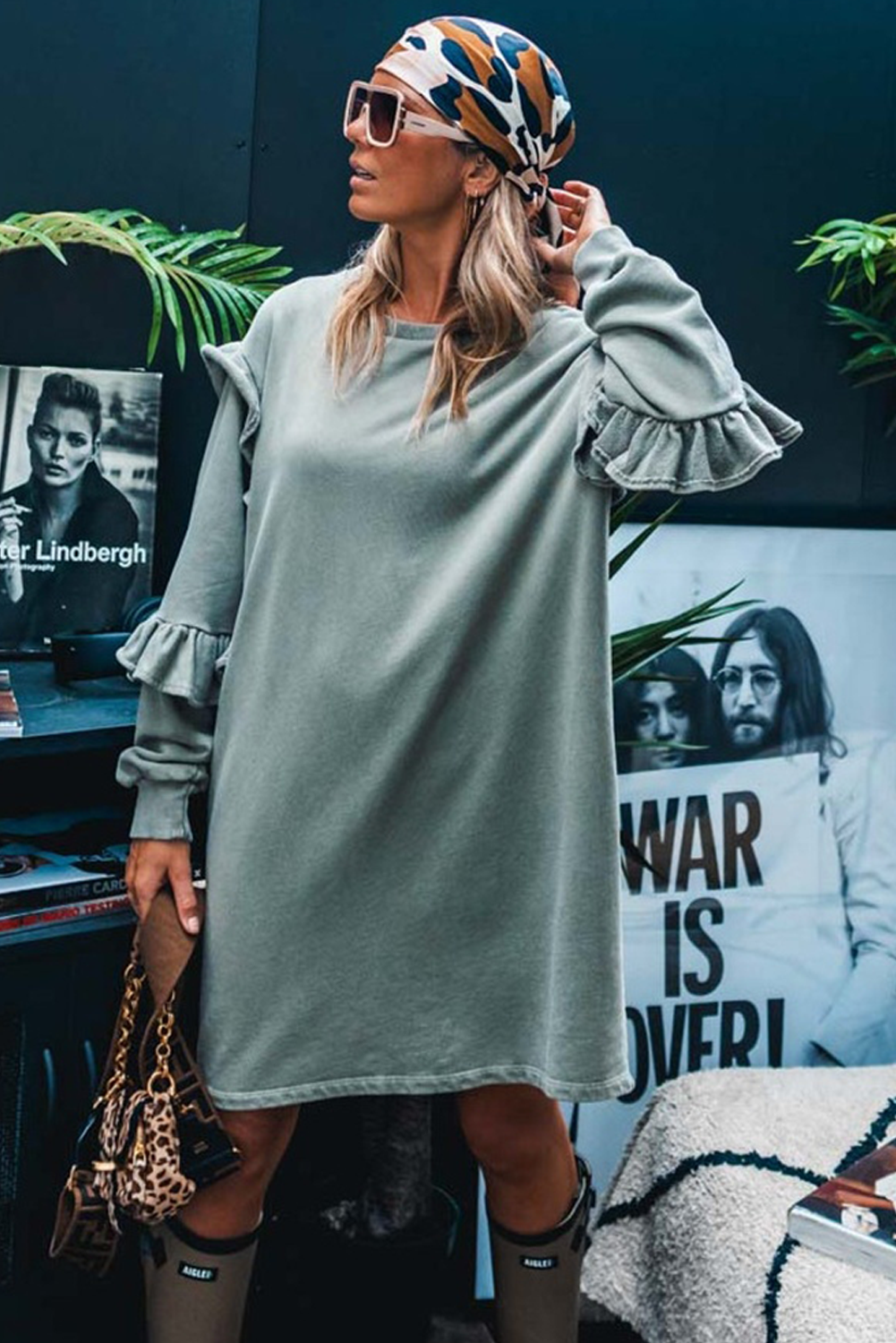 Haze Blue Ruffled Shift Knit Long Sleeve Mini Dress