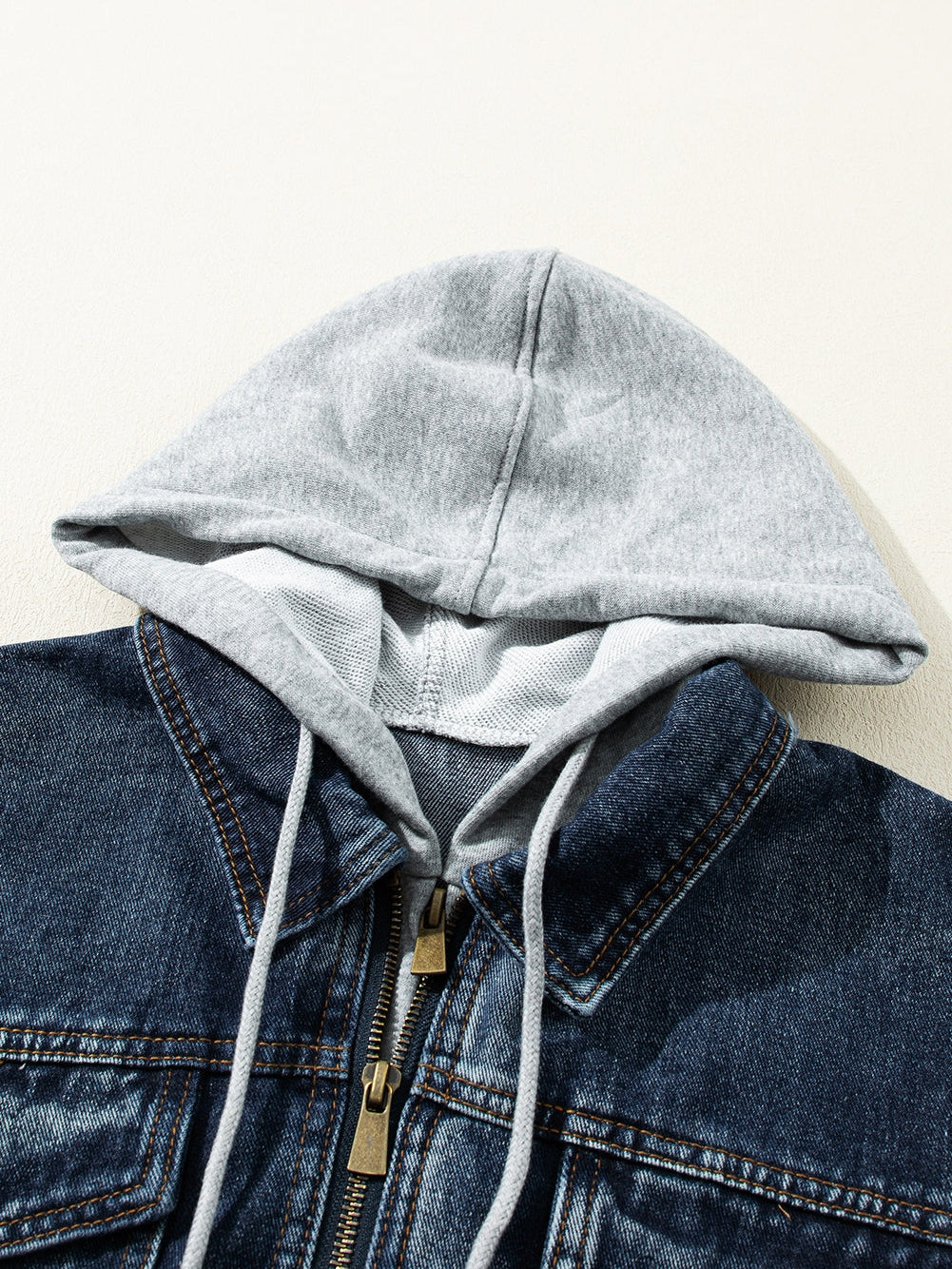 Layered Dark Blue Hooded Zip-Up Denim Jacket with Distressed Detail