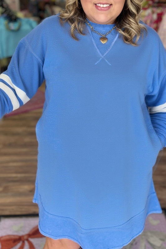 Sky Blue Exposed Seam Detail Varsity Striped Sleeve Plus Size Mini Dress