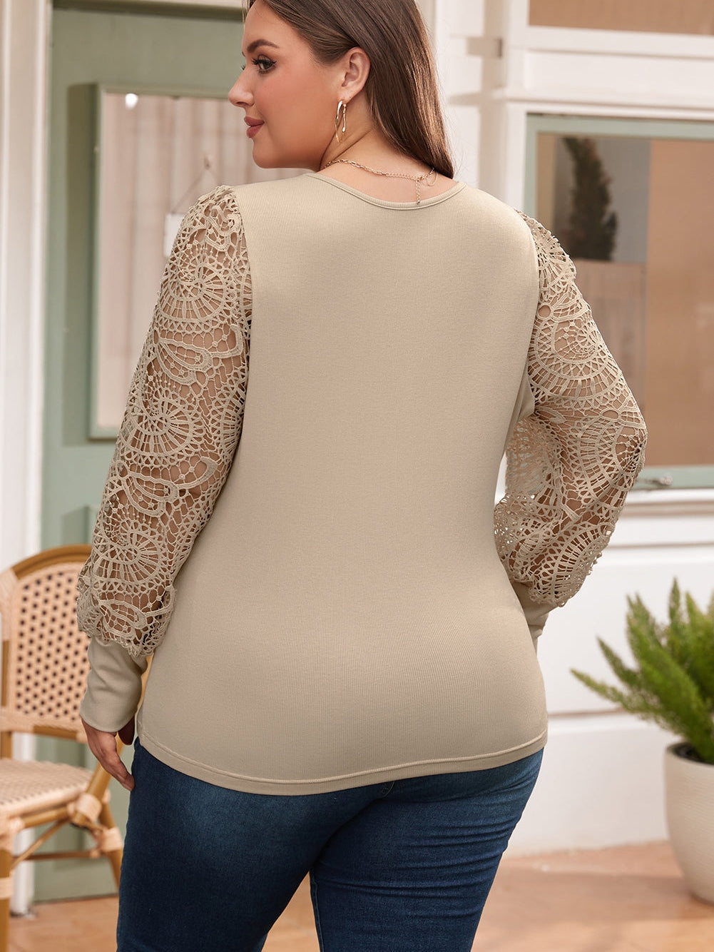 Lace Sleeve Ribbed Pullover with Square Neck