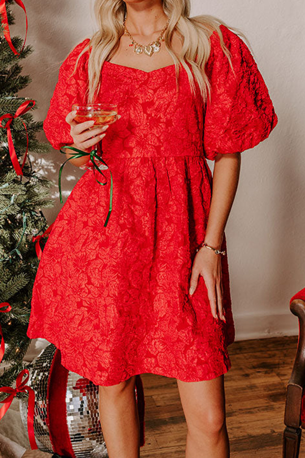 Fiery Red Christmas Fashion Short Puff Sleeve Jacquard Mini Dress