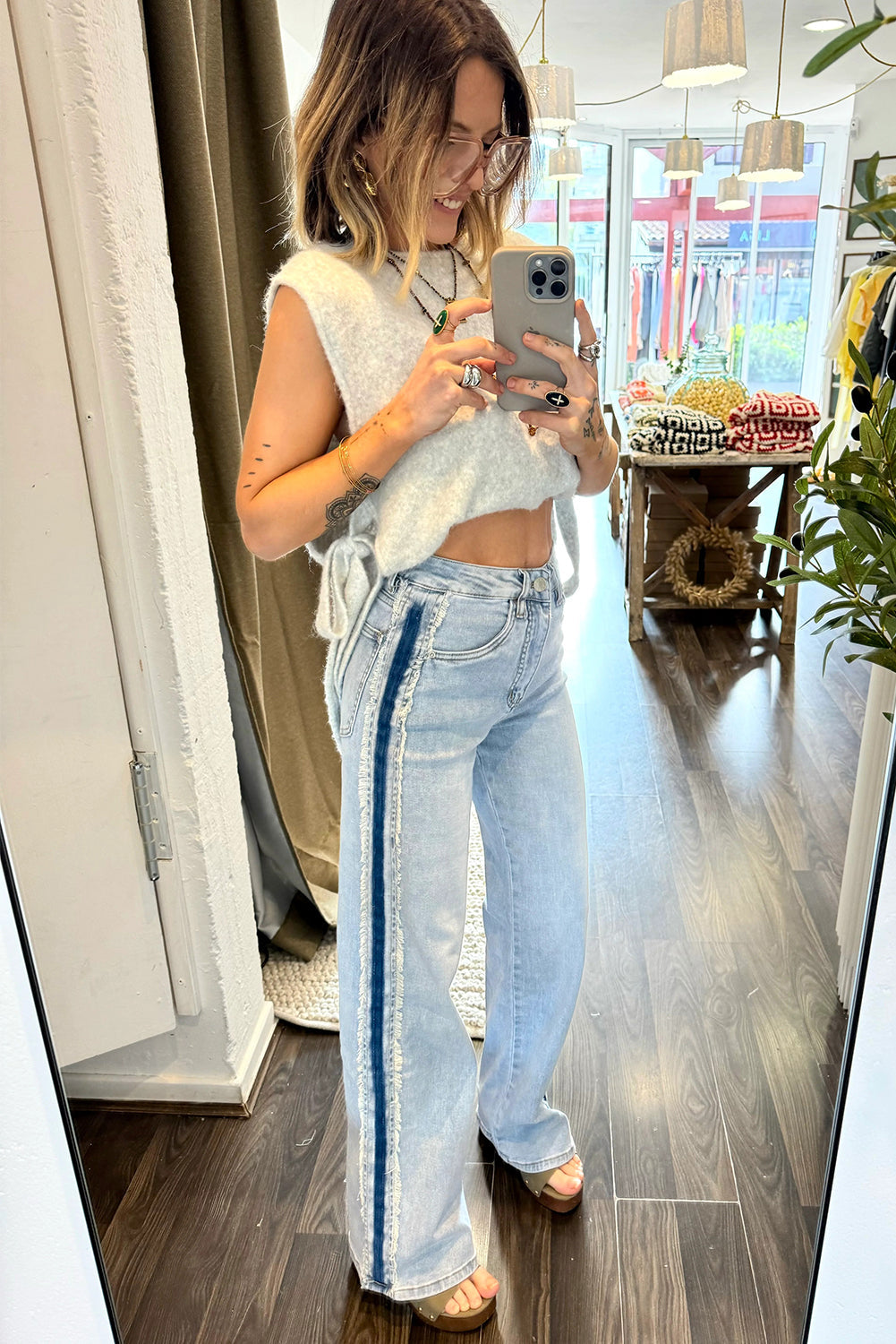 Beau Blue Contrast Stripe Frayed Side Panel Patchwork Shift Jeans