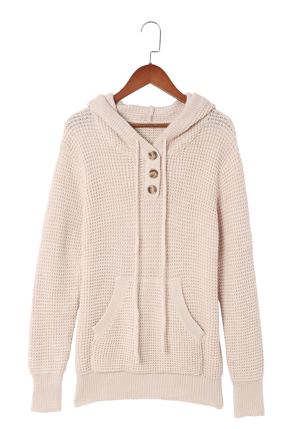 Apricot Hooded Waffle Knit Sweater with Button-Up Front Pocket