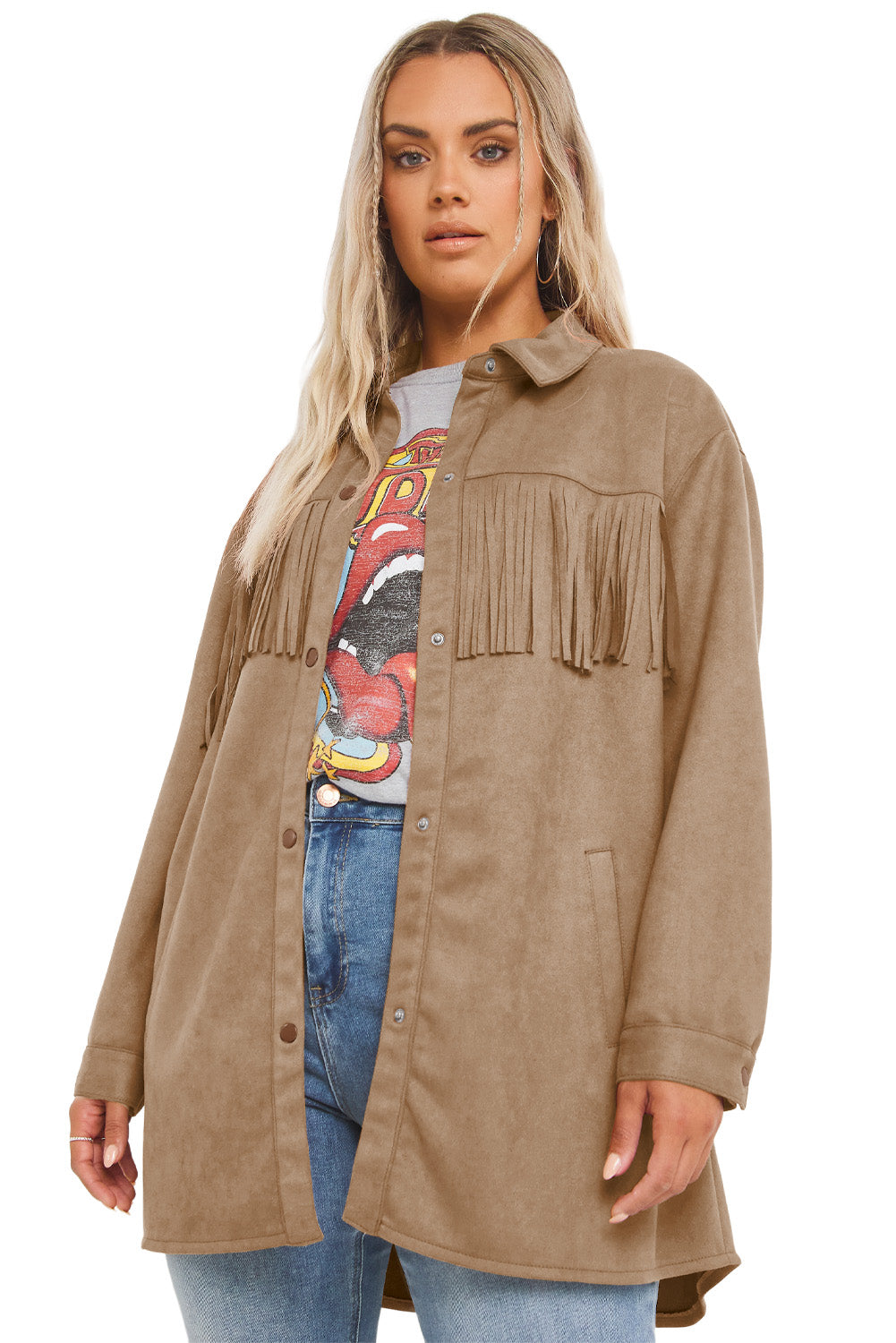 Khaki Suede Shacket with Fringe Detail for Plus Size Women
