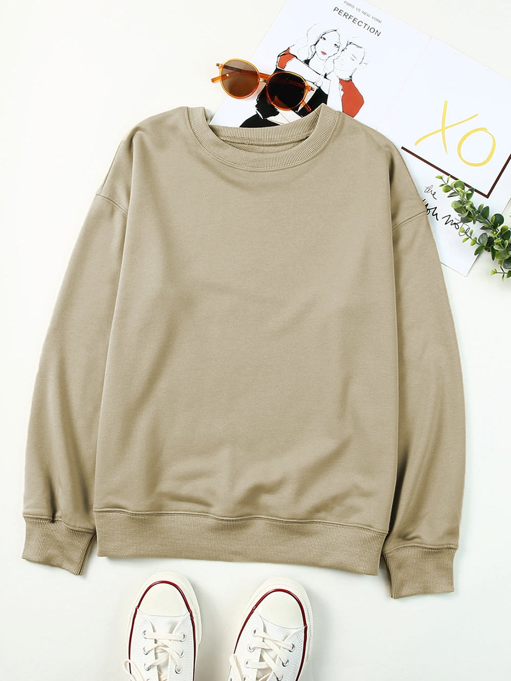 Khaki Solid Crew Neck Pullover Jumper