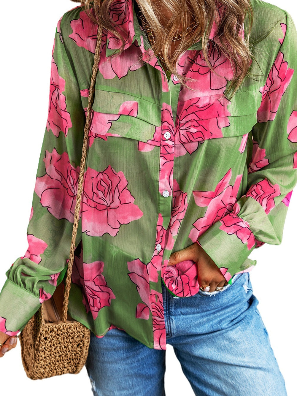 Butterfly Print Button Long Sleeve Blouse